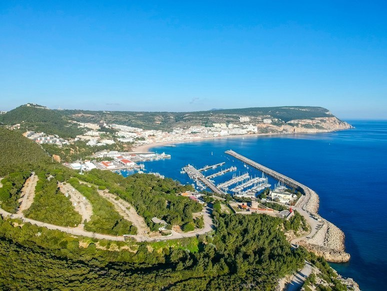 Aerial view of a coastal town with a marina, surrounded by greenery and hills.