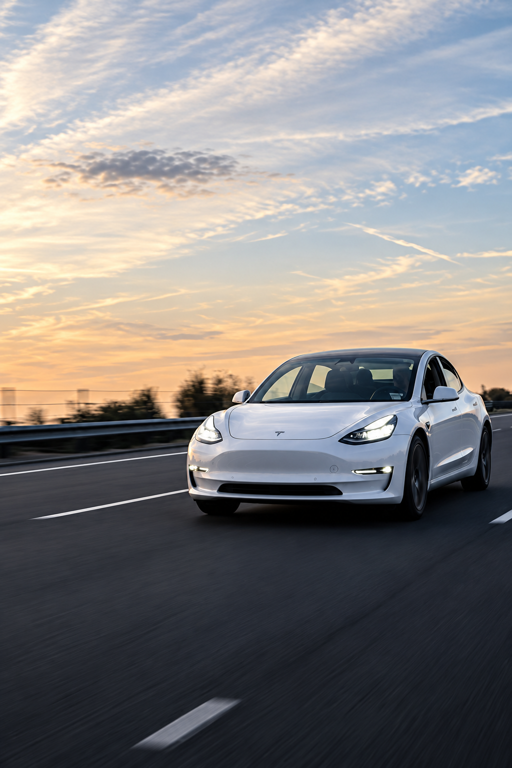 White car driving on highway at sunset with clouds.