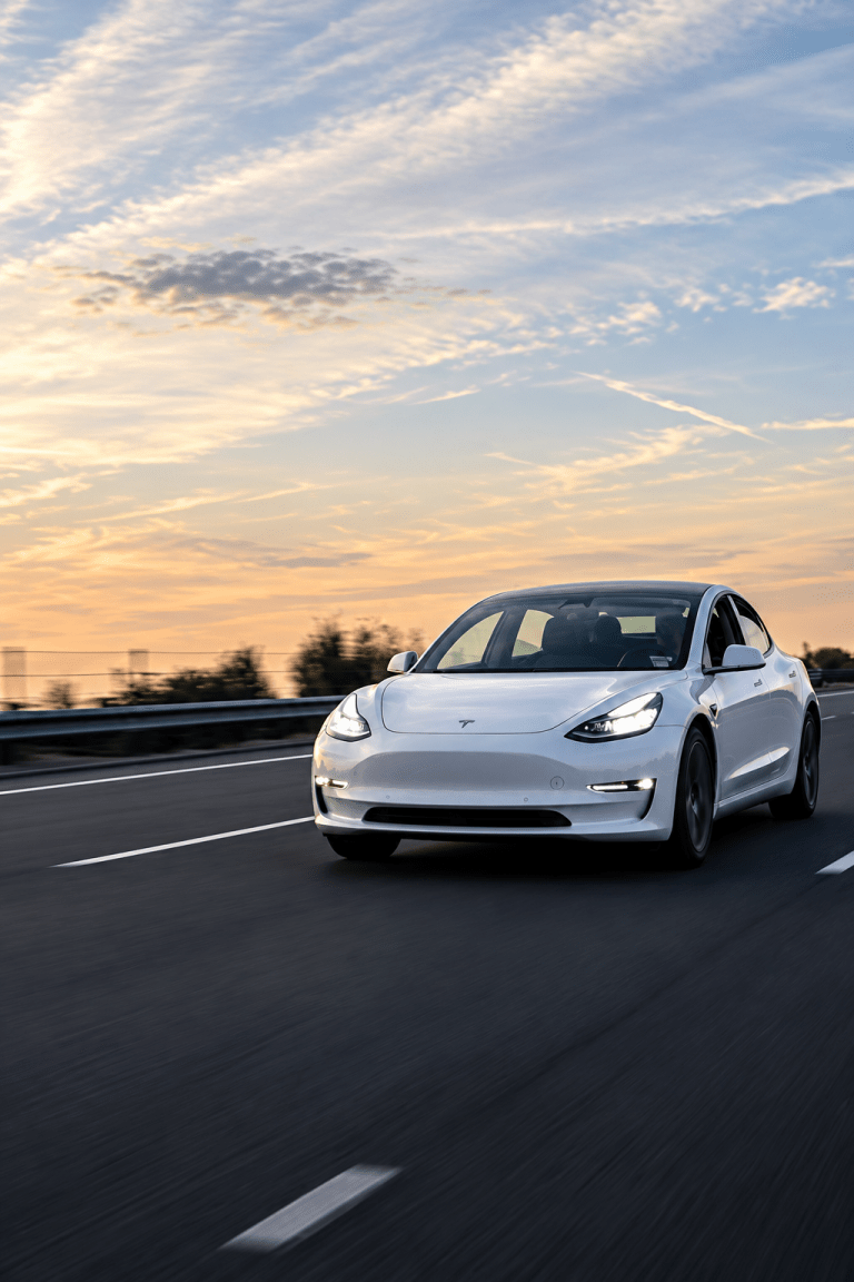 White car driving on highway at sunset with clouds.