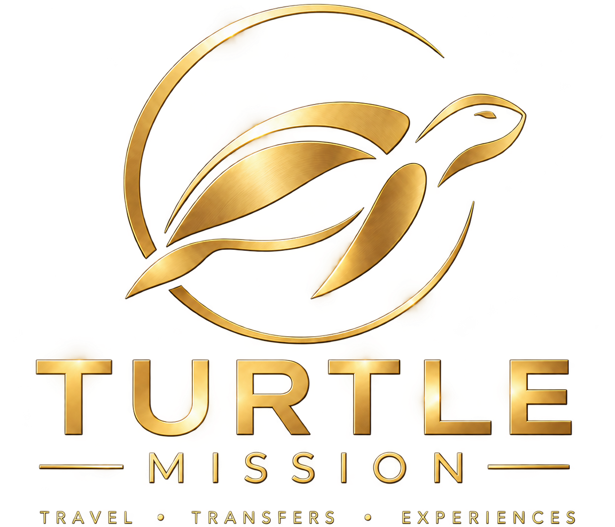Golden turtle logo with 'Turtle Mission' and text 'Travel • Transfers • Experiences'.