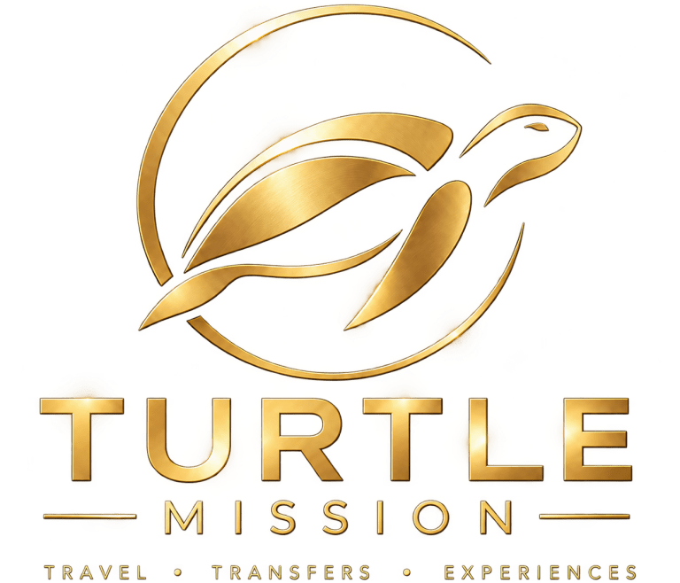 Golden turtle logo with 'Turtle Mission' and text 'Travel • Transfers • Experiences'.